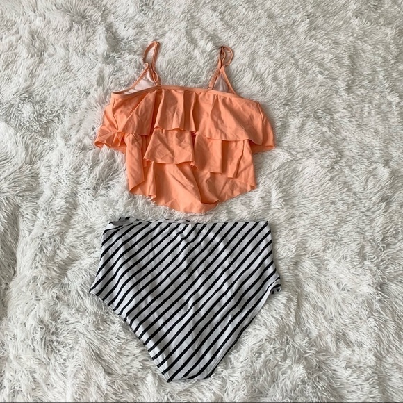 Nwot Coral Orange Mid Waist Bikini Ruffle Spaghetti Strap Top - Picture 9 of 14